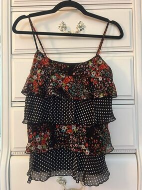 BCX Black Floral & Polka Dot Tiered Cami Top